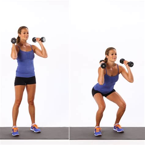 Hold a dumbbell in each hand just in front of shoulders, resting one end of the dumbbell on top of each shoulder. Be sure to stack the weight over wrists with elbows pointing down. B. Keeping chest proud and spine tall, lower into a squat, pushing hips back and down until thighs are parallel to the ground.
